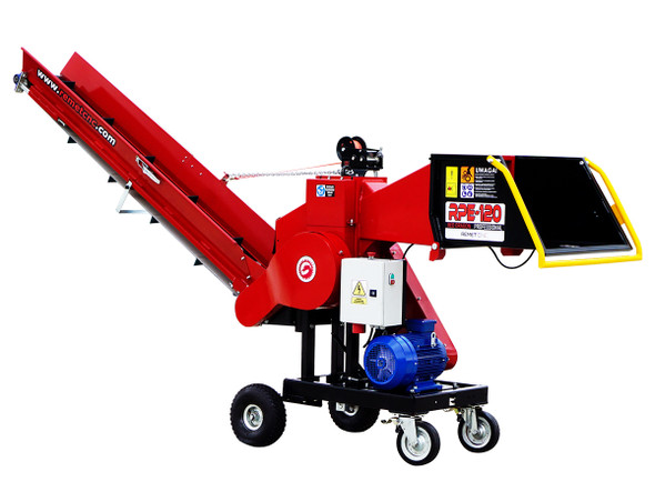 Remet RPE120 15hp electric branch logger with conveyor.