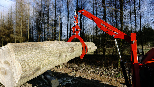 Remet C250 with log tongs lifting a log.