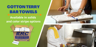 Cotton Terry Bar Towels Come in White, White With A Color Stripe, and Six Solid Colors