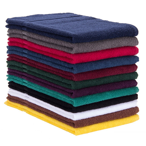 16x27 Premium Gym Hand Towels Medium Weight 100% Cotton, shown in a stack with one of each color