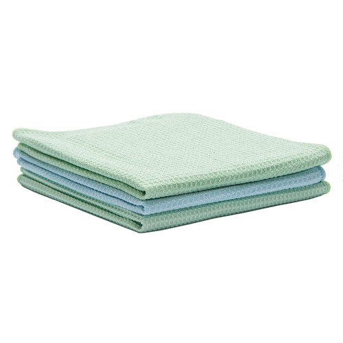 Microfiber Waffle Weave Towels 16x16 cleaning towels, shown in a stack with one of each color