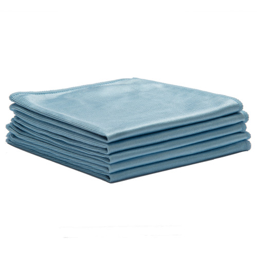 Microfiber Cloths Glass 16x16 Blue, shown in a stack of five