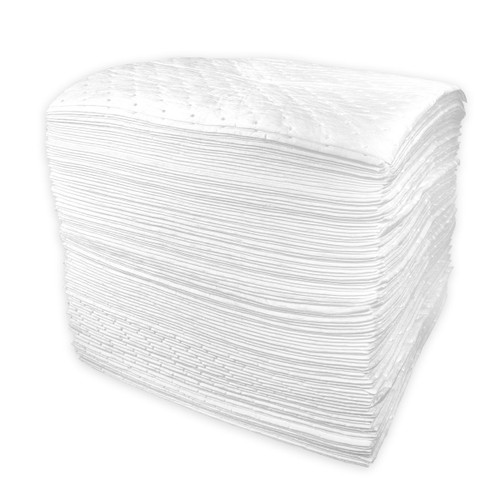 Oil Only Absorbent Pads 15x18 Standard Weight White, shown in a stack