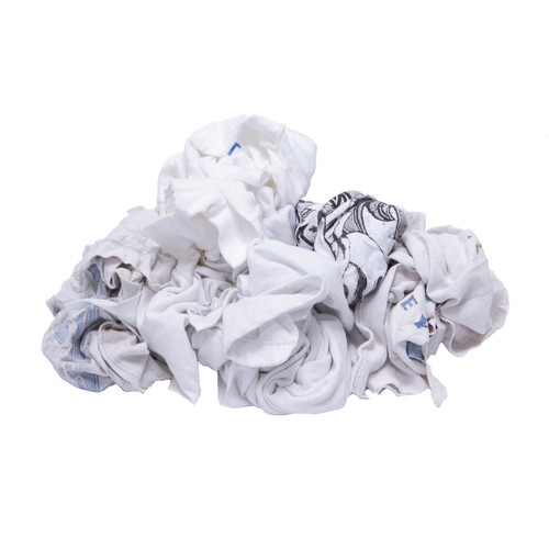 T-shirt Rags Bulk Recycled White with Logos, shown crumpled