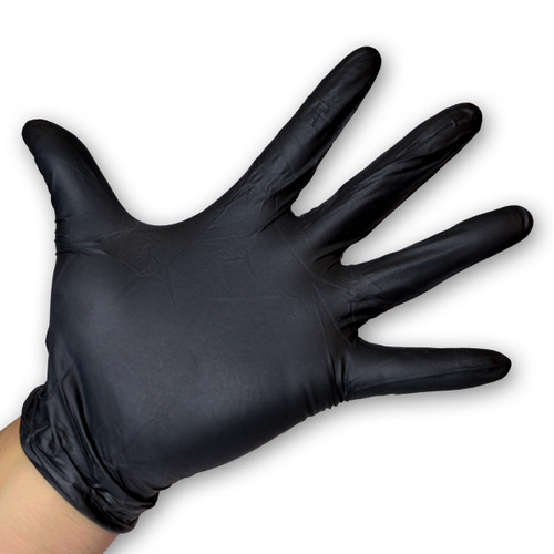 Black Nitrile Gloves Powder Free - 5 Mil, shown with palm out