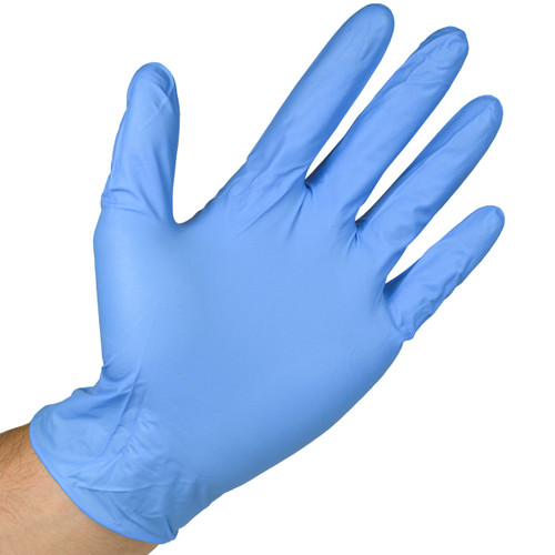 Blue Nitrile Gloves Powder Free - 3 Mil, shown with palm out