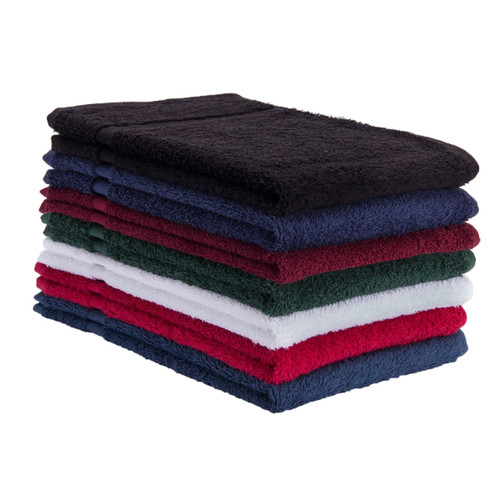 Premium Car Wash Body Towel 16x27 Heavyweight Cotton Terry, shown in a stack with one of each color