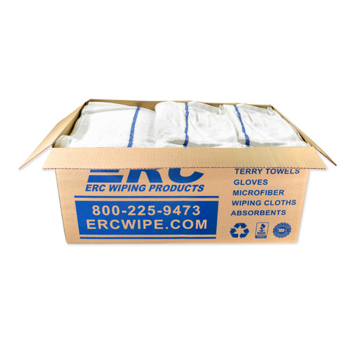 Bulk Bar Towels 100% Cotton Terry 16x19 With Color Stripe, shown in a 25 pound box