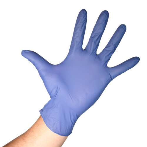 Fentanyl Resistant Blue Nitrile Gloves Powder Free - 3.5 Mil, shown with palm out