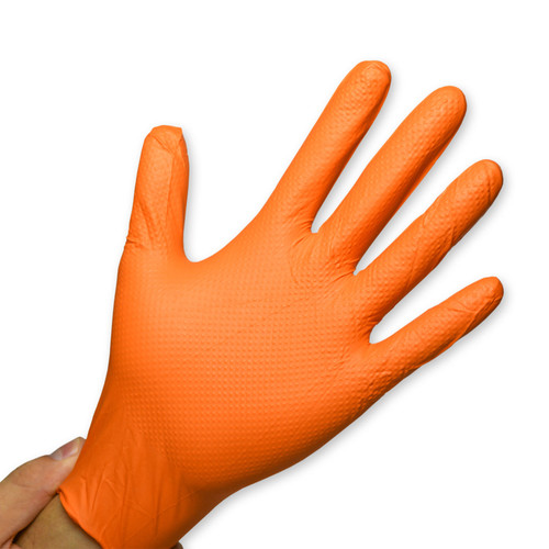 Orange Nitrile Geotex Grip Gloves Powder Free - 9 Mil, shown palm out