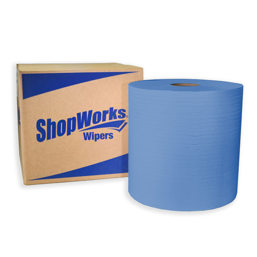 Shopworks W800 Heavy Duty Wiper Jumbo Roll Blue, shown next to box