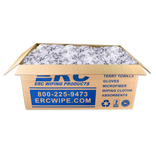 Recycled White T-shirt Rags with Logos, shown in a 25 lb. box