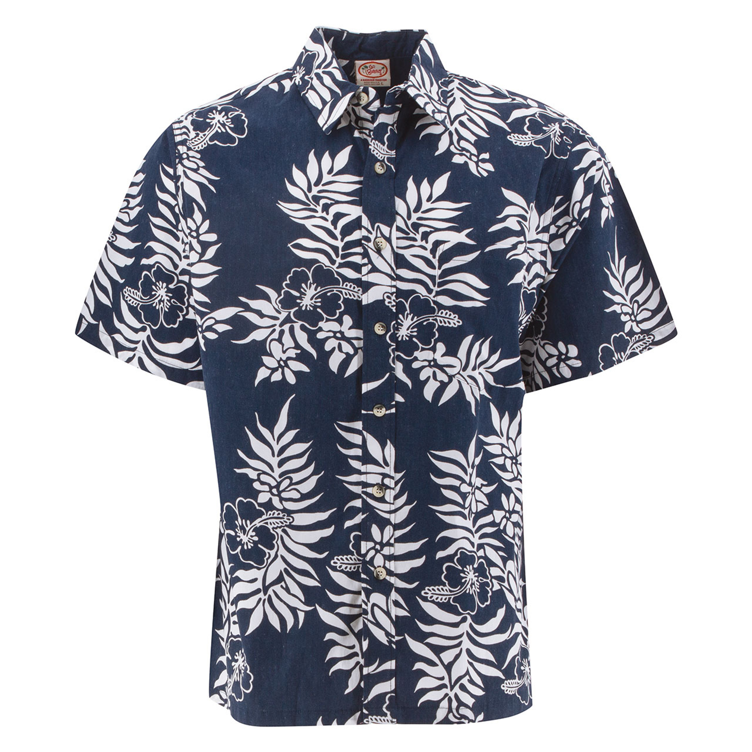 Go Barefoot Antique Hibiscus Navy Cotton Men's Hawaiian Shirt , M