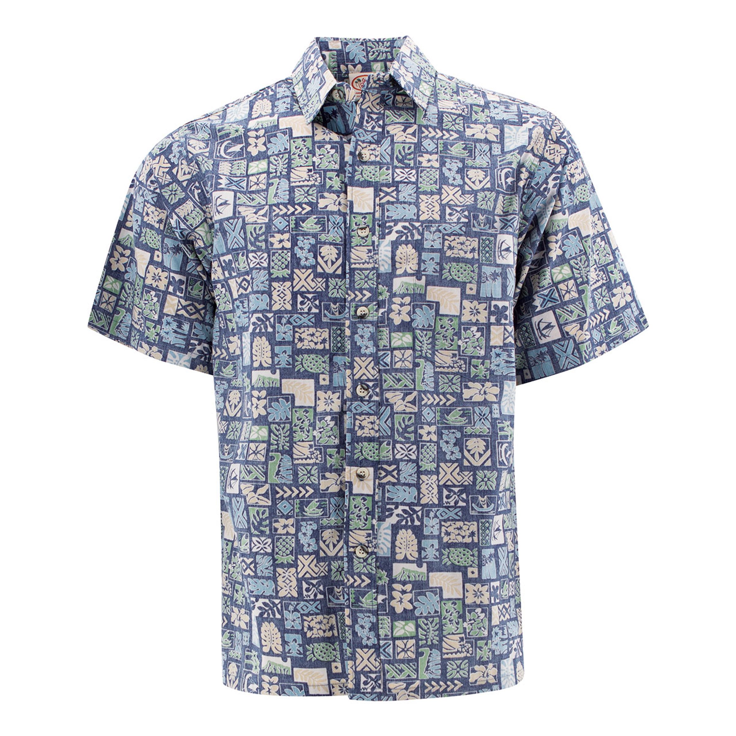 Go Barefoot Antique Hibiscus Navy Cotton Men's Hawaiian Shirt , M