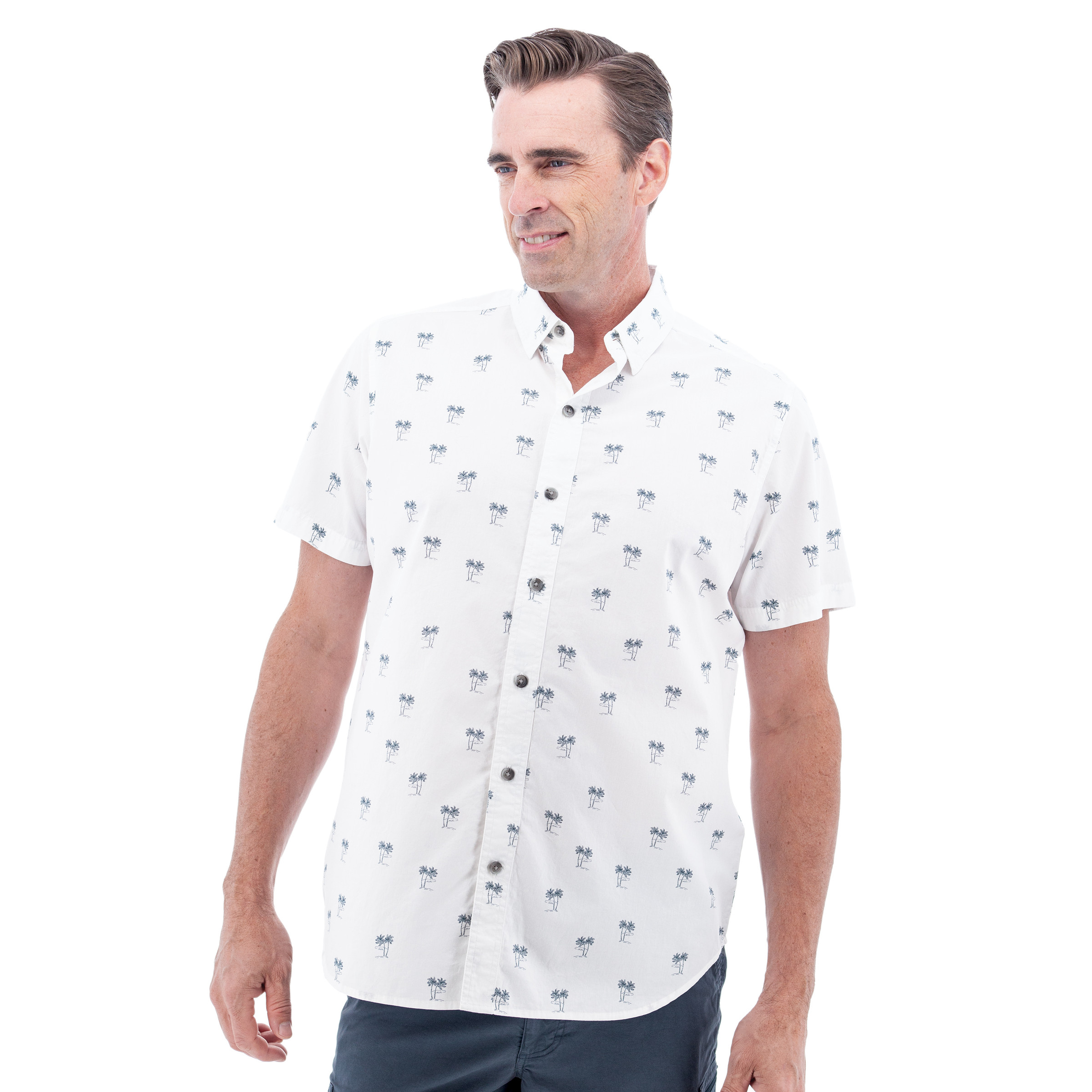 designer dress shirts men palm beach Light Blue Men Button up Shirt, Palm Tree Leaf White Short Sleeve Print  Casual Buttoned Down Summer Male Guys Collared Designer Dress