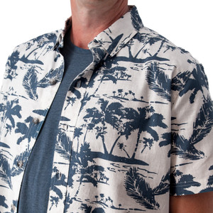 Front chest detail of the White Ethan Organic Cotton Print Shirt with blue Palm Tree Print