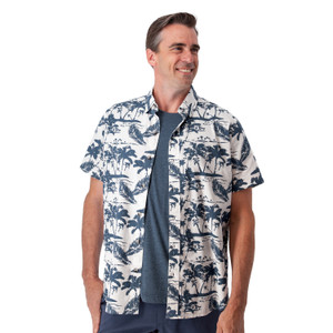 Full view of the White Ethan Organic Cotton Print Shirt with blue Palm Tree Print