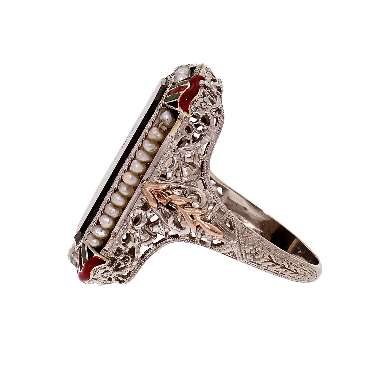 Vintage 1930 Art Deco Bloodstone Enamel 14k White Gold Ring