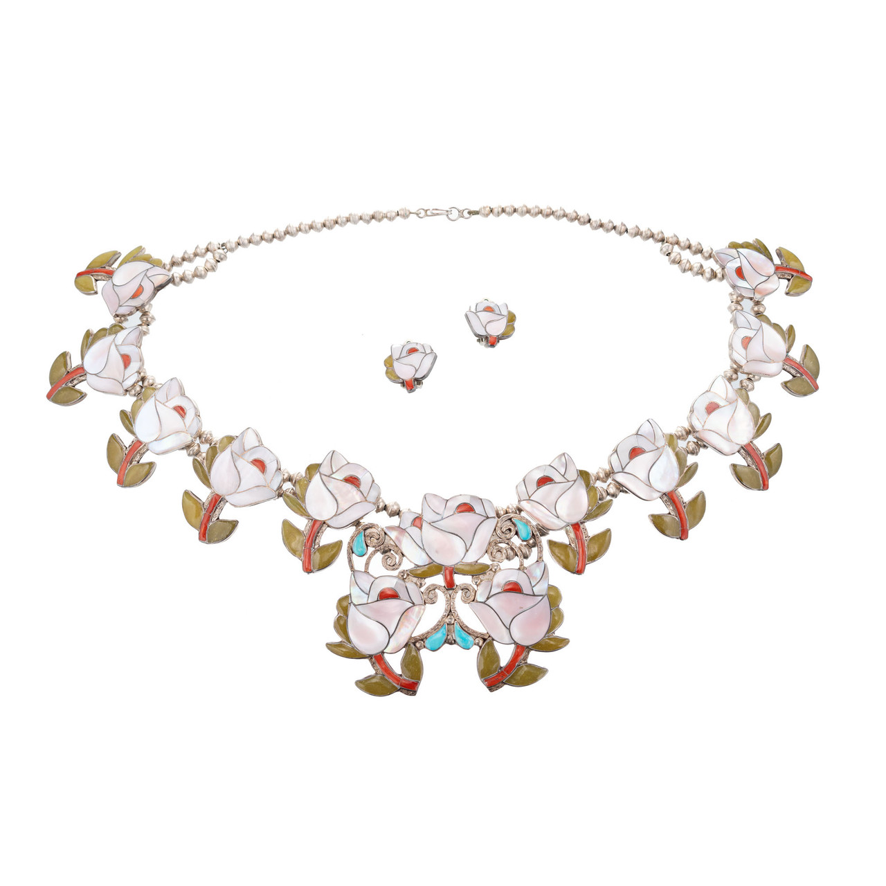 Porfilio Sheyka Zuni Squash Blossom Necklace Earrings