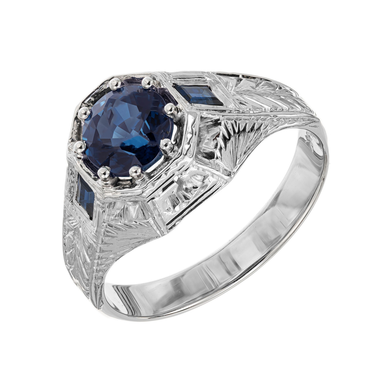 Oval Sapphire Ring with Six Side Diamonds in 14K White Gold – Ron George  Jewelers