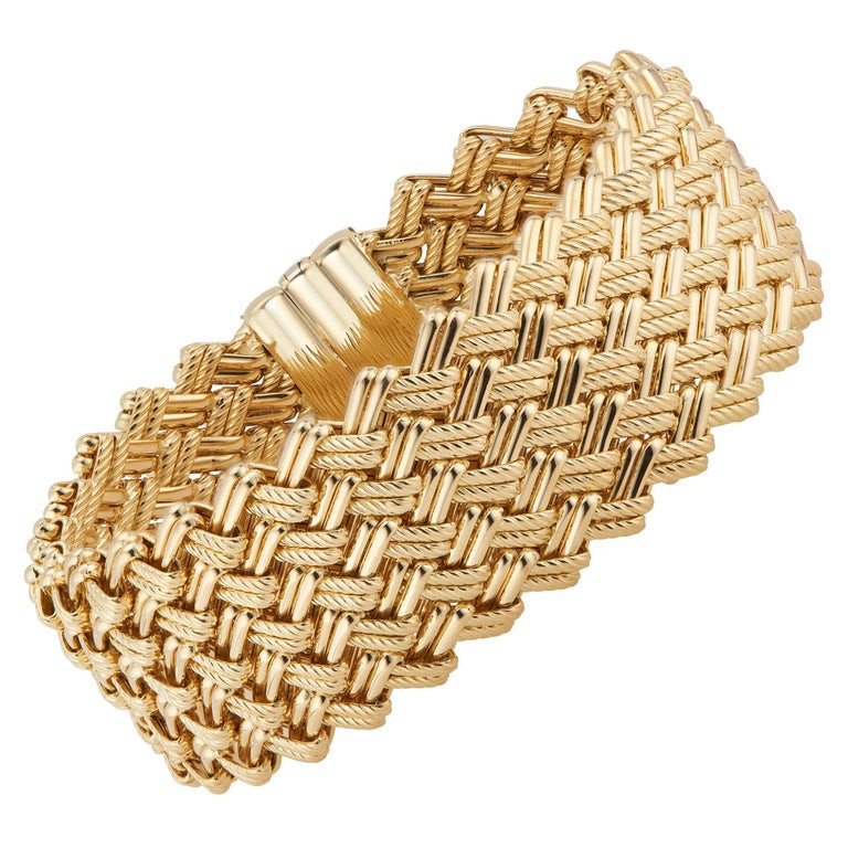 Yellow Gold Wide Woven Italian Link Bracelet - petersuchyjewelers