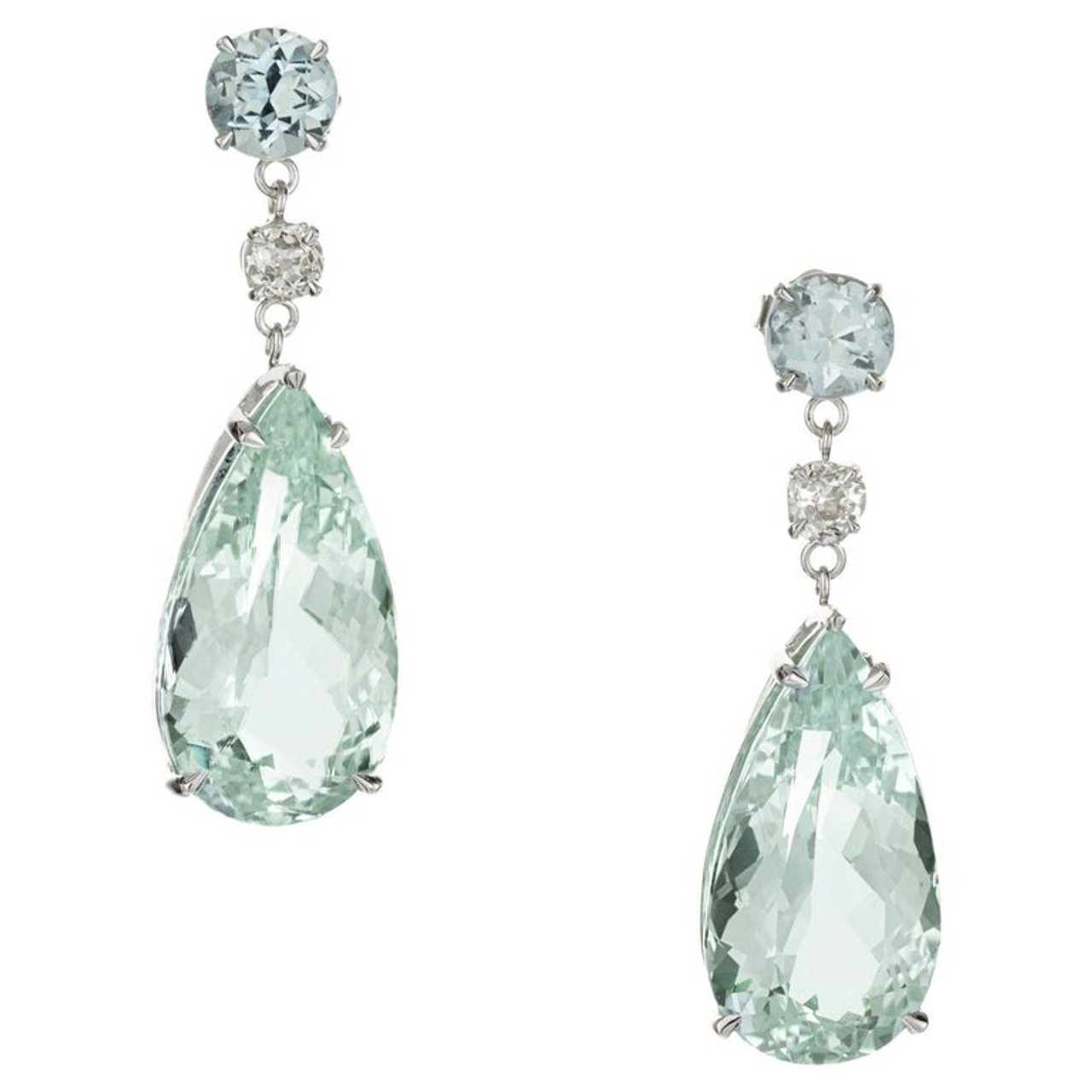 Elegance Oval-Shaped Sterling Silver Earrings Adorned With 2 Aquamarine  Center Stones And 12 Diamonds