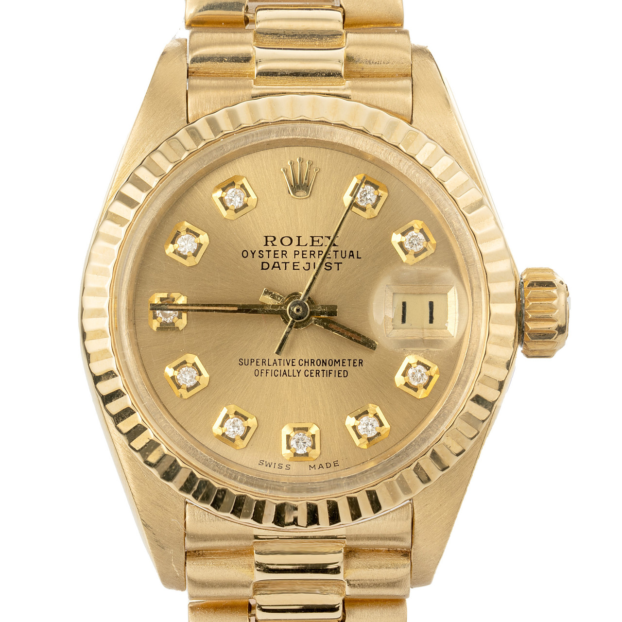 Rolex Yellow Gold Diamond Dial President Ladies Wristwatch