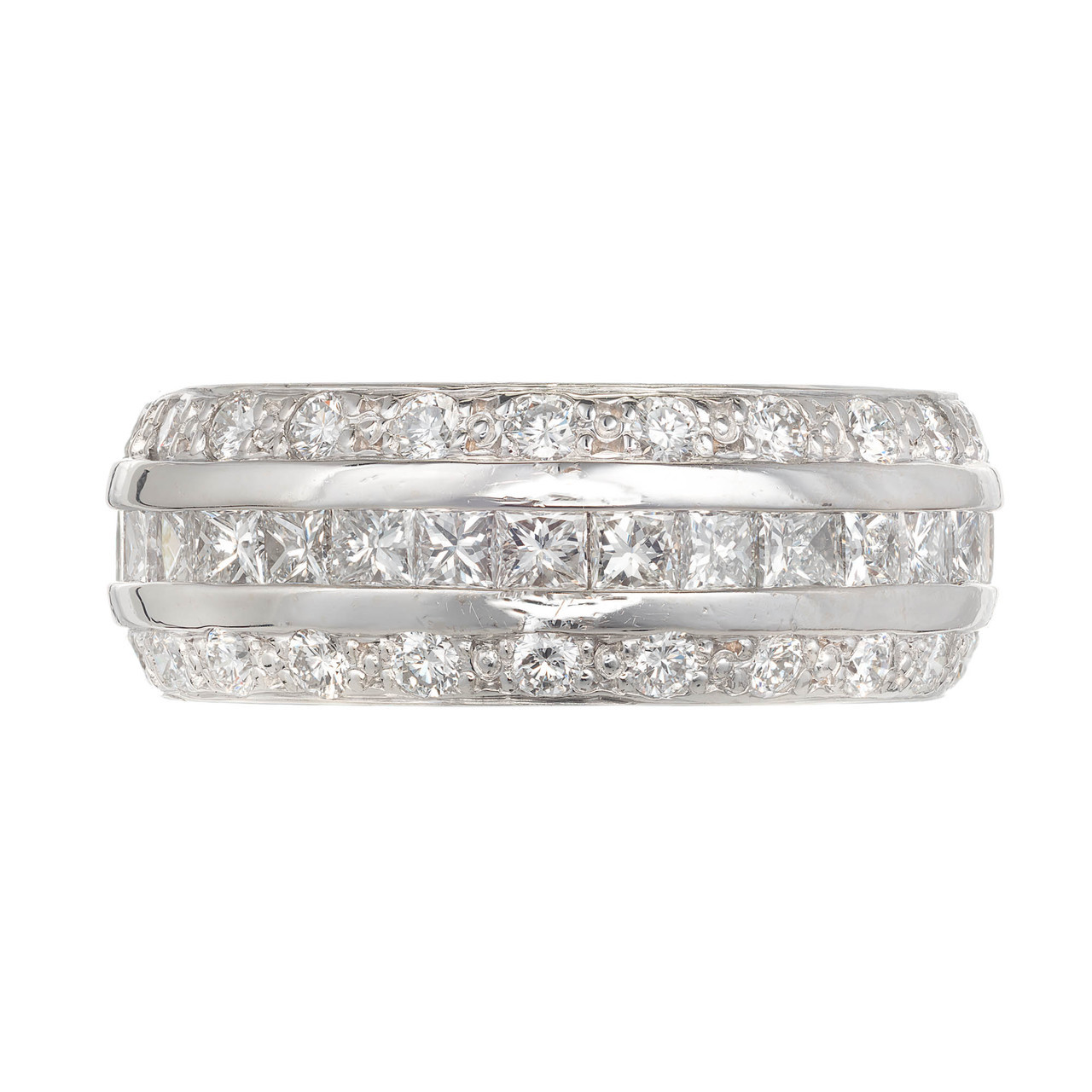 Estate 3 Row Princess Cut & Round Diamond 14k White Gold Band Ring Size 6  1/2 - petersuchyjewelers