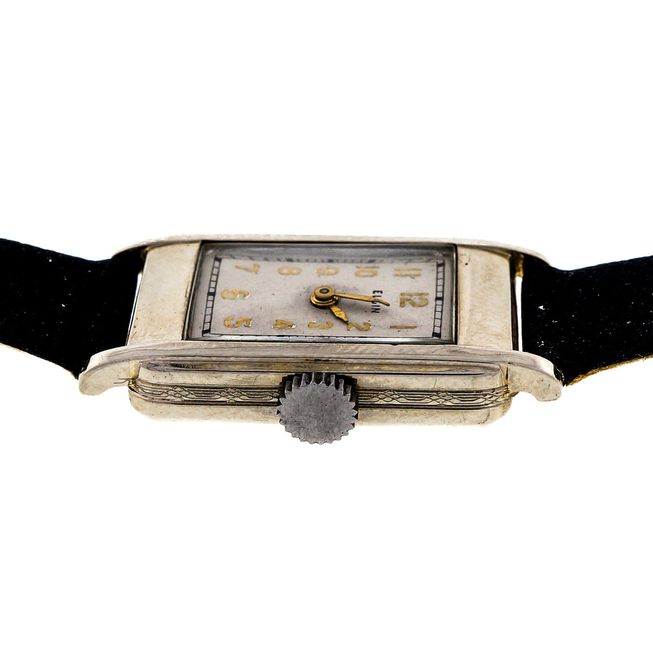 Art Deco 1932 Vintage Elgin 14k White Gold Black Satin Strap Watch -  petersuchyjewelers