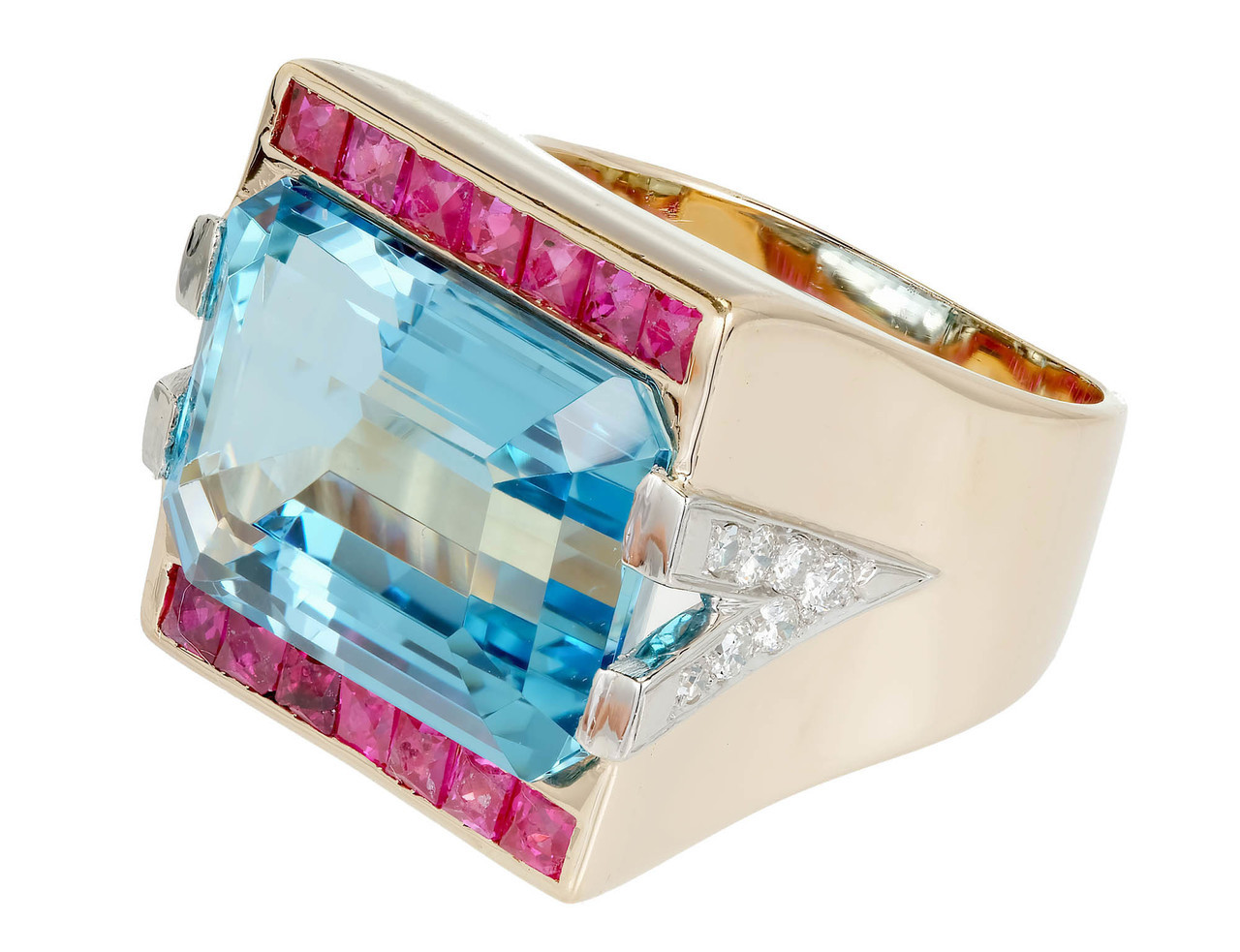 Carat Natural Aquamarine Ruby Diamond Gold Platinum Art Deco