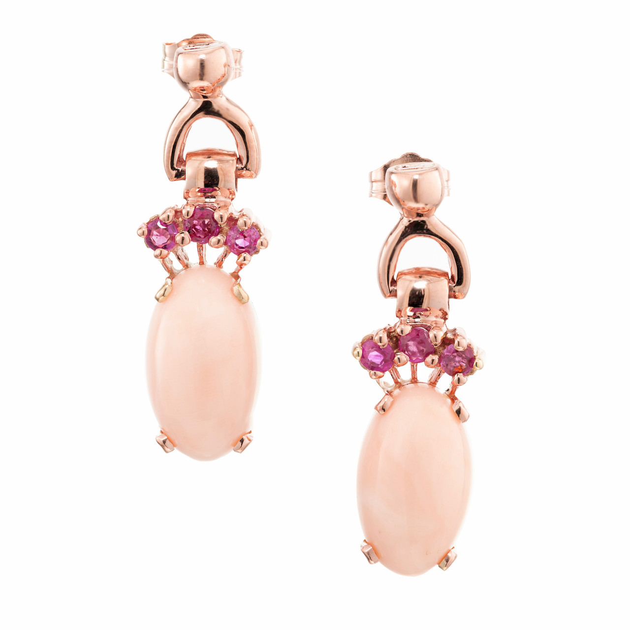 Natural Oval Coral Pink Sapphire Rose Gold Dangle Earrings