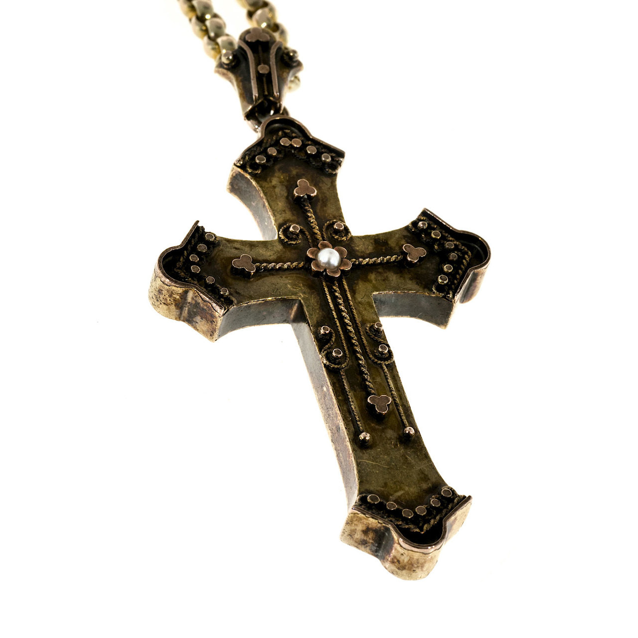 Antique Victorian Eutruscian Revival 1860 12k Gold Cross Pendant