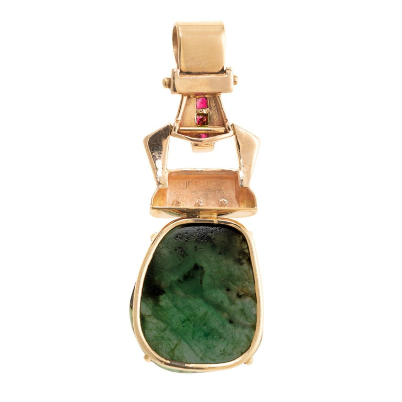 7.78 Carat Emerald Diamond Ruby Rose Gold Art Deco Pendant - petersuchyjewelers