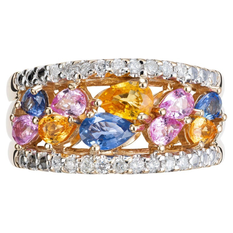 Carat Multi Color Pear Sapphire Diamond Gold Band Ring