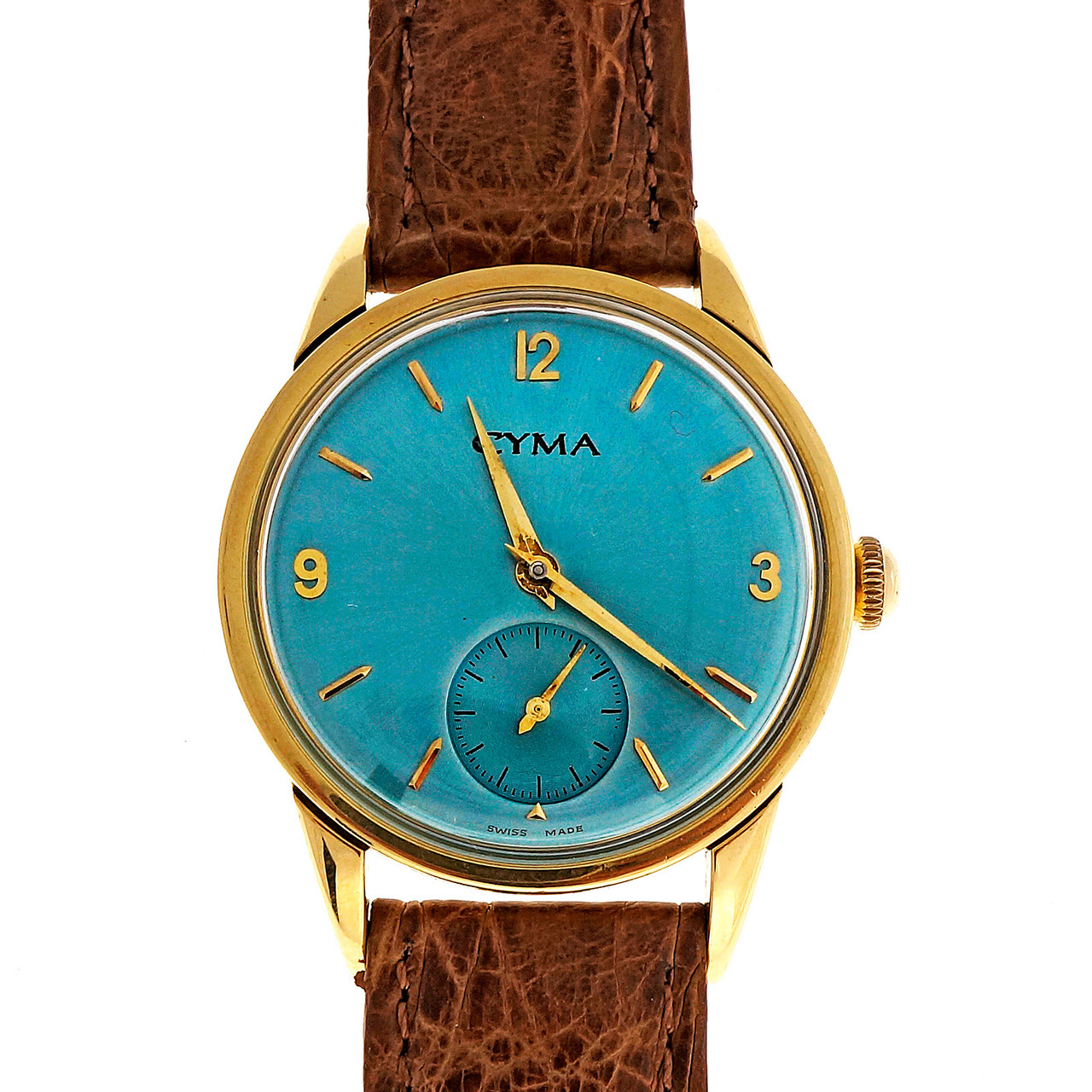 金無垢 K18 CYMA 手巻き腕時計 稼働品 15JEWELS アンティーク Cyma Yellow Gold 15 Jewel Iridescent Blue Manual Wind Wristwatch