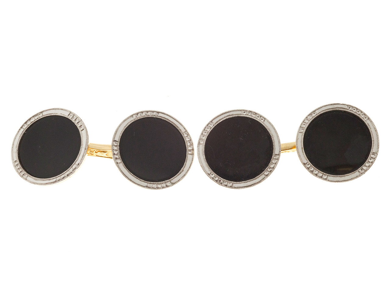 Vintage 1920 Concave 14k Platinum Onyx Double Sided Cuff Links