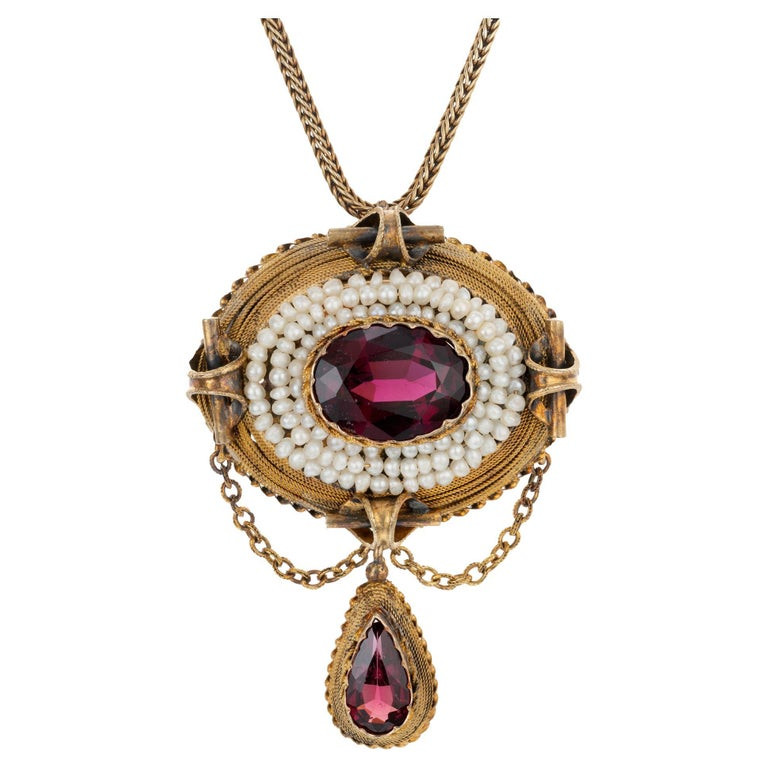 Antique 1800's Carat Garnet Natural Pearl Yellow Gold Pendant