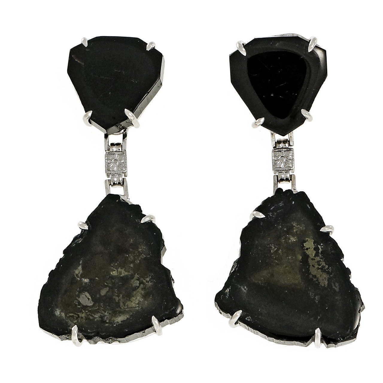 Peter Suchy Black Tourmaline Crystal Slice Dangle Earrings 14k White Gold