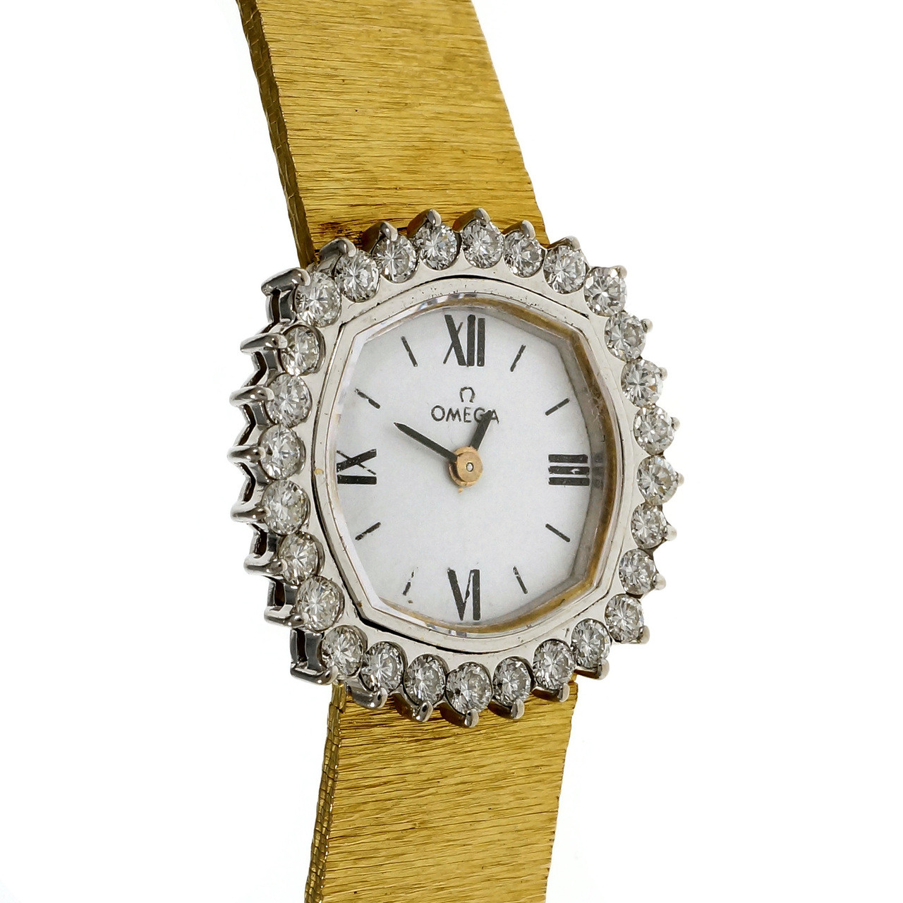 Omega Ladies Watch Diamond Bezel White Dial 18k Yellow Gold