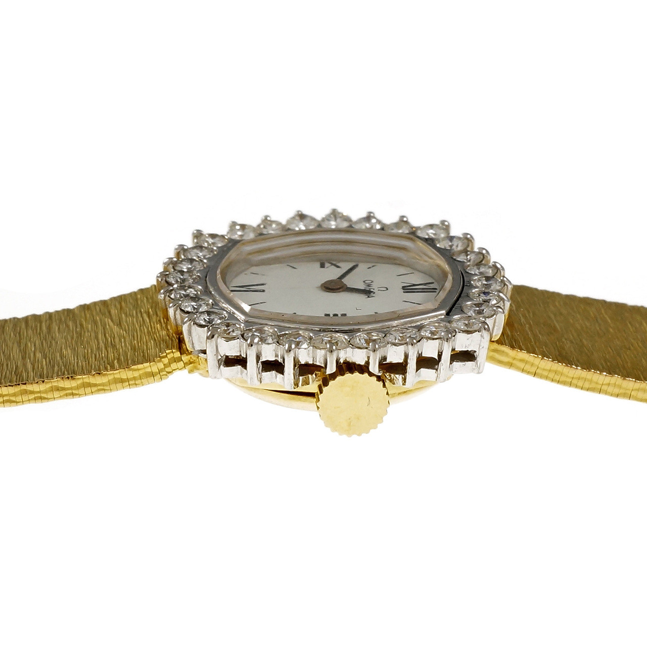 Omega Ladies Watch Diamond Bezel White Dial 18k Yellow Gold