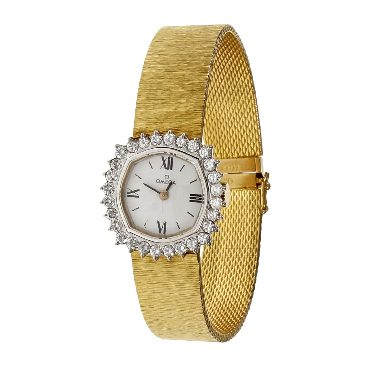 Omega Ladies Watch Diamond Bezel White Dial 18k Yellow Gold