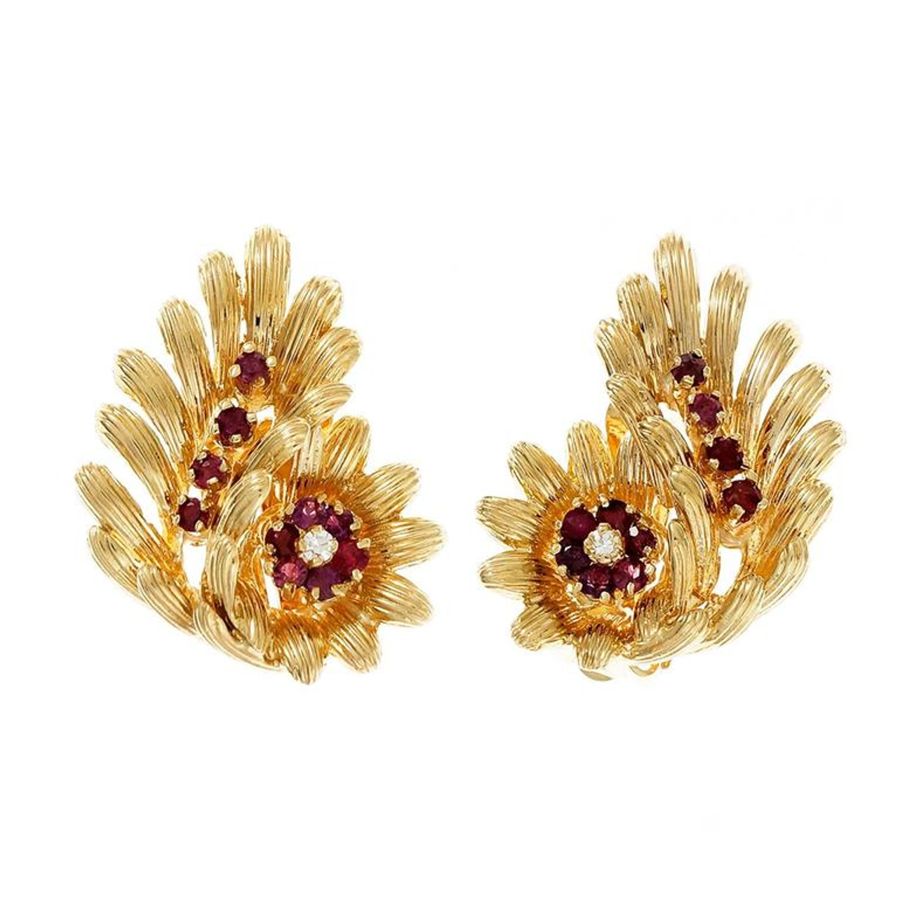 Vintage 1950 Vivid Red Natural Ruby Earrings 14k Yellow Gold Clip Post  Diamond