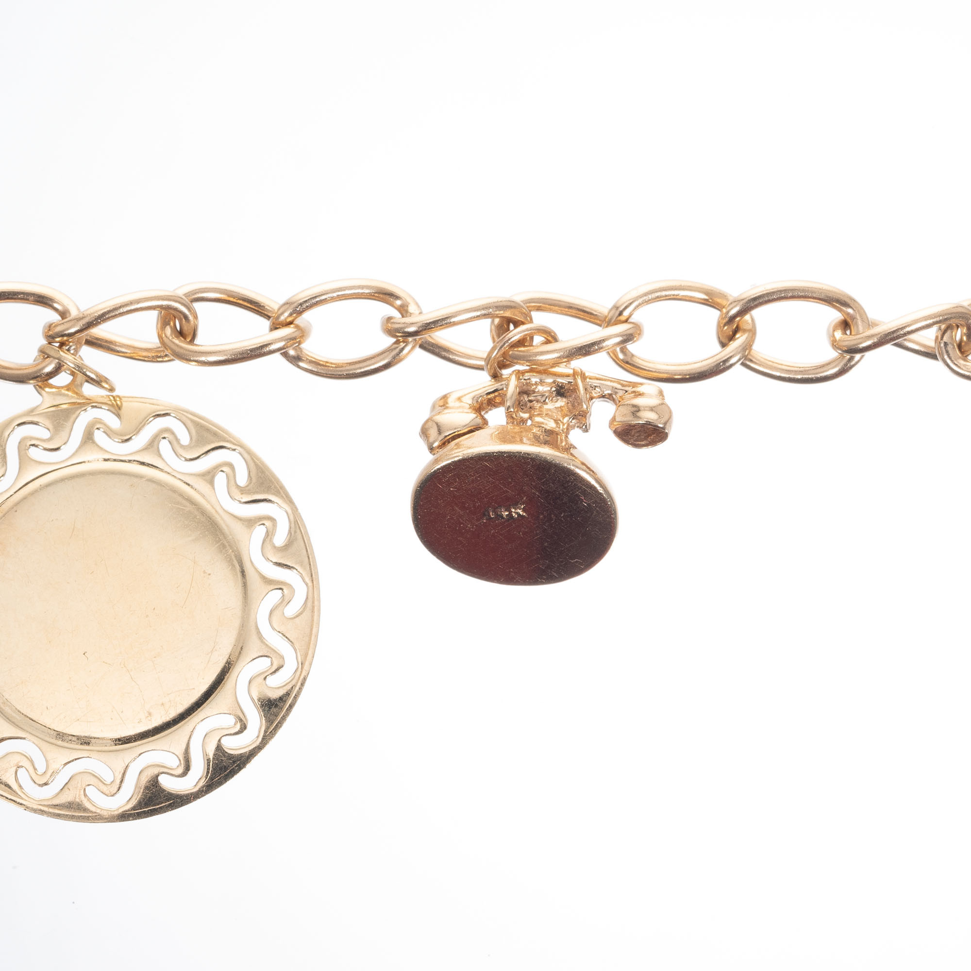 Yellow Gold Telephone Charm Link Bracelet petersuchyjewelers