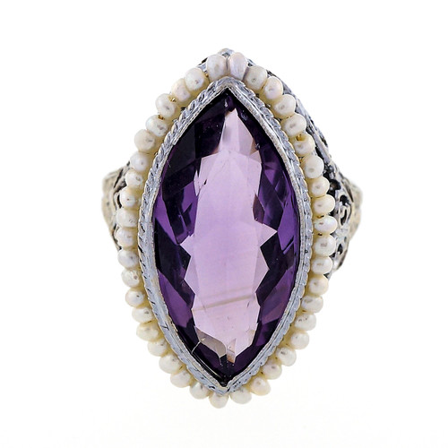 Antique Art Deco Filigree 6.00ct Marquise Amethyst Pearl Ring 
