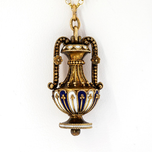 Antique 1830 Georgian 14k Black White Enamel Urn Pendant Pitcher 