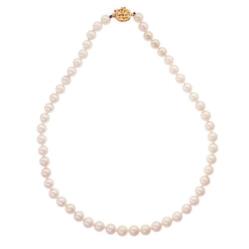 Fine 7.7 – 8mm Japanese Akoya Cultured Pearl 17 Inch Necklace 14k Yellow Gold 