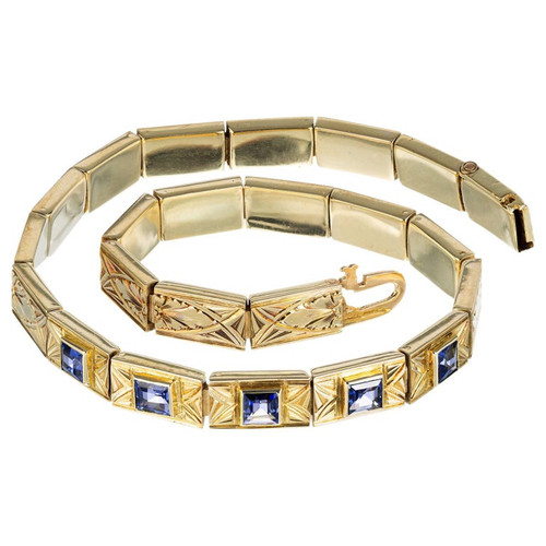 GIA Certified 1.15 Carat Montana Sapphire Yellow Gold Art Deco Bracelet