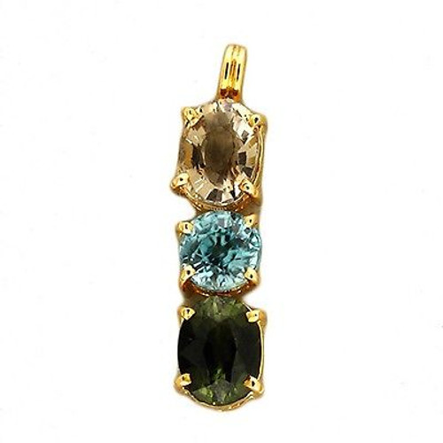 Vintage 18k Gold Oval Smoky Quartz Round Blue Zircon Green Tourmaline Pendant