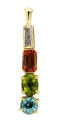 Vintage Estate 14k Gold Elongated Pendant Mixed Cut Citrine, Peridot & Zircon