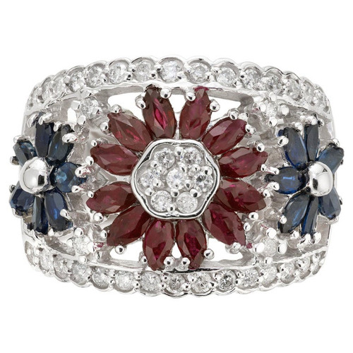 2.03 Carat Diamond Sapphire Ruby White Gold Flower Ring